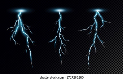 Lightning bolts realistic vector illustrations set. Thunderstorm electricity discharge isolated on transparent background. Natural phenomena, blue thunderbolt flares.