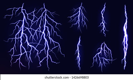Lightning bolts. Realistic vector lightning on dark background. Thunder storm design for weather illustrations. Electrical discharge effect in scientific physical experiments. Bright magic light.