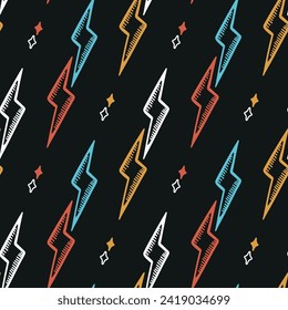 Lightning Bolts Seamless Colorful Pattern. Kids Background with Lightning Bolt Signs, Thunderbolts, Energy Thunder bolt or Warning Symbols. Vector illustration. 