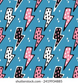 Lightning Bolts Seamless Cute Pattern. Kids Blue Background with Thunderbolts. Vector illustration