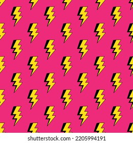Tornillos relámpagos con un patrón sin fisuras en dibujos animados, estilo cómico. Papel de pared con luces de trueno. Fondo rosa brillante.