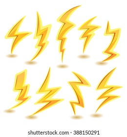 Lightning Bolts Set. Illustration of a set of funny cartoon lightning bolts icons, for thunderstorm and tempest in sky scenics, and game ui elements