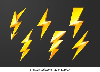 Lightning bolts set, thunderbolt and short circuit icons, electric discharge and lightning strike, vector