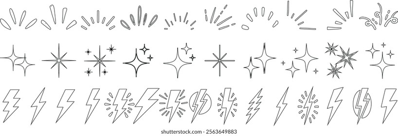 Lightning bolts, stars, sparkles, and bursts line art in hand drawn vector style. simple, abstract, and minimal decorative elements for comics, designs, and graphic projects