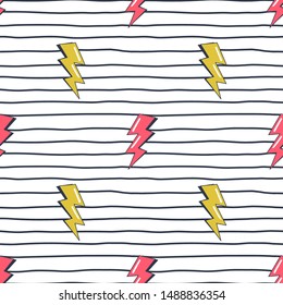 Lightning bolts and stripes seamless pattern. Children comic book cartoon texture. Colorful thunderbolts and thin horizontal lines vector illustration. Childish wallpaper, wrapping paper design