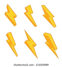 Lightning bolts with stroke isolated on white. 4 solid colors, no gradients. Vector graphics set.