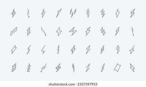 Lightning bolts thin line icons set vector illustration. Outline symbols of electric energy and power, electricity danger with different thunderbolts, simple web signs and arrows of zigzag shape