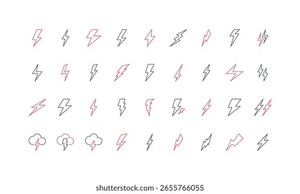 Pernos del rayo de la diversa forma y estilo, energía eléctrica y voltaje, sistema del icono de la línea de advertencia. Flash de luz de velocidad, zig zag de tormenta de nubes delgadas Ilustración vectorial de símbolos de contorno negro y rojo