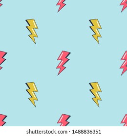 Lightning bolts vector cartoon seamless pattern. Children comic book decorative texture. Red and yellow thunderbolts on blue background. Childish wallpaper, wrapping paper, textile design