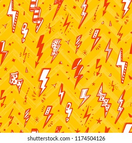
Lightning Bolts Vector Seamless Pattern. Repeat Background with Hand Drawn Doodle Lightning Bolt Signs, Thunderbolts, Energy Thunder bolt, Warning Symbol  illustration