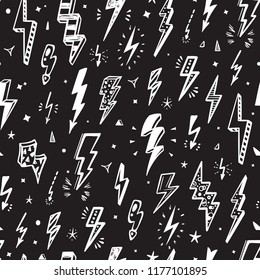 Lightning Bolts Vector Seamless Pattern. Repeat Background with Hand Drawn Doodle Lightning Bolt Signs, Thunderbolts, Energy Thunder bolt, Warning Symbol illustration