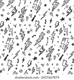 Lightning bolts vector seamless pattern. Doodle lightning signs, lightning bolt, energy thunder bolt, warning symbol illustration