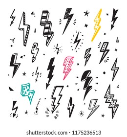 
Lightning Bolts Vector Set. Hand Drawn Doodle Lightning Bolt Signs, Thunderbolts, Energy Thunder bolt, Warning Symbol illustration