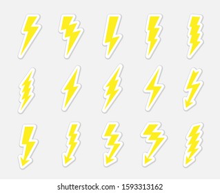 Lightning bolts vector stickers set. Concept of energy and electricity. Flash collection. Power and electric symbols, high speed, swiftness and rapid emblem.