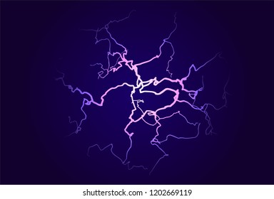 Lightning and bright light in energy ball with spherical plasma radiating electric rays. Vector illustration.