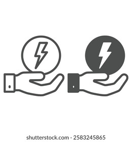 Lightning bubble on hand line and solid icon, Electricity concept. Vector graphics. Hand with electric bulb sign on white background, outline style icon for mobile or web design