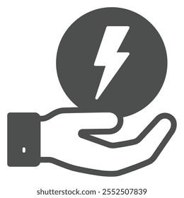 Lightning bubble on hand solid icon, Electricity concept. Vector graphics. Hand with electric bulb sign on white background, glyph style icon for mobile or web design