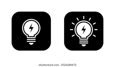 Lightning bulb icon on black square. Lamp with thunderbolt sign symbol