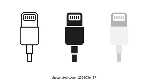 Icono de cable de relámpago. Símbolo del cable de carga del teléfono móvil. Ilustración vectorial del enchufe del alambre del relámpago. Señal blanca del adaptador del puerto de carga. Pictograma del cargador del dispositivo aislado.