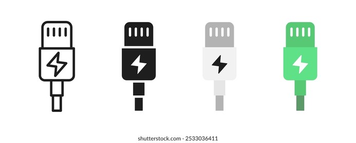 Conjunto de iconos de cable de carga de relámpagos. Símbolo del enchufe del cargador del teléfono. Adaptador de Recargo USB Ilustración vectorial. Señal de puerto de alambre de relámpago. Pictograma del cable de alimentación del teléfono móvil. Carga del teléfono de la energía verde aislada