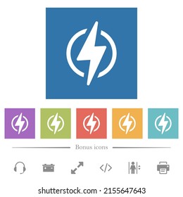 Lightning in circle flat white icons in square backgrounds. 6 bonus icons included.