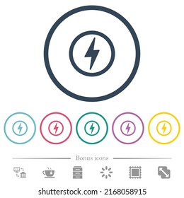 Lightning in circle outline flat color icons in round outlines. 6 bonus icons included.