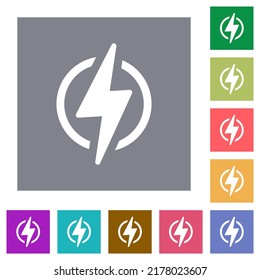 Lightning in circle outline flat icons on simple color square backgrounds