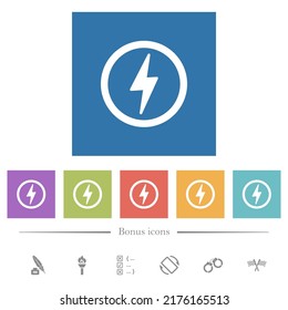 Lightning in circle outline flat white icons in square backgrounds. 6 bonus icons included.