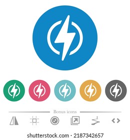Lightning in circle outline flat white icons on round color backgrounds. 6 bonus icons included.