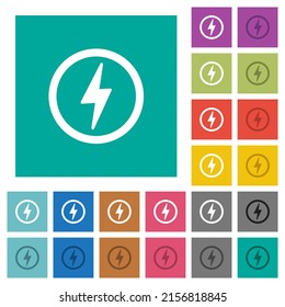 Lightning in circle outline multi colored flat icons on plain square backgrounds. Included white and darker icon variations for hover or active effects.