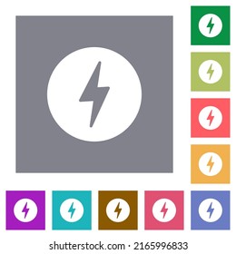 Lightning in circle solid flat icons on simple color square backgrounds