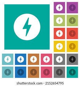 Lightning in circle solid multi colored flat icons on plain square backgrounds. Included white and darker icon variations for hover or active effects.