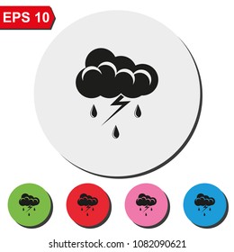 Lightning with cloud flat round colorful vector icon. Thunderstorm sign.