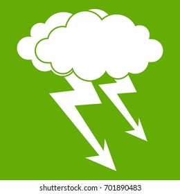 Lightning cloud icon white isolated on green background. Vector illustration