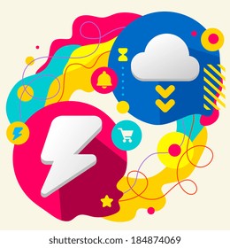 Lightning and cloud on abstract colorful splashes background with different icon and elements. Flat design for the web, print, banner, advertising.