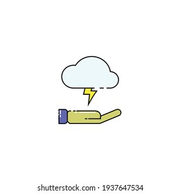 lightning cloud on hand vector Illustration, hands on icon design vector template, charging  vector icon flat design for website, symbol, logo, icon, sign, app, UI