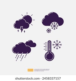 Lightning Cloud and Sun Rainy season, Winter Snow snowflake, Heavy Rain Forecast, Winter Temperature Thermometer. Weather Icons Collection Set Vector illustration