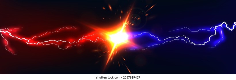 Lightning collision on dark background, versus banner. Powerful colored lightnings and the flash from the collision. VS banner. Vector Illustration of battle challenge collision. Versus battle concept