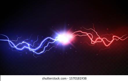 Lightning Collision. Powerful Colored Lightnings, Electric Forces Thunderbolt Clash Electrical Energy Sparkling Blast, Vector Versus Bright Design Confrontation Concept