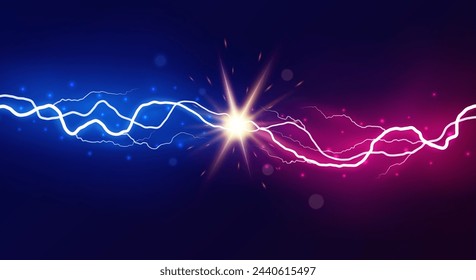 Lightning collision. Powerful colored lightnings, electric forces thunderbolt clash electrical energy sparkling blast, vector versus bright design confrontation concept