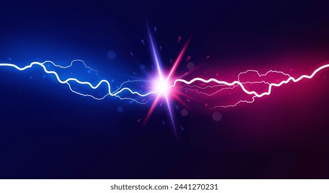 Lightning collision. Powerful colored lightnings, electric forces thunderbolt clash electrical energy sparkling blast, vector versus bright design confrontation concept