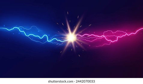 Lightning collision. Powerful colored lightnings, electric forces thunderbolt clash electrical energy sparkling blast, vector versus bright design confrontation concept