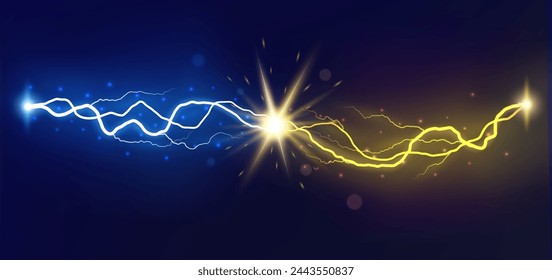 Lightning collision. Powerful colored lightnings, electric forces thunderbolt clash electrical energy sparkling blast, vector versus bright design confrontation concept