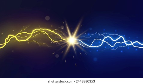 Colisión de relámpagos. Reflejos de colores poderosos, fuerzas eléctricas thunderbolt choque energía eléctrica explosión brillante, vector versus brillante diseño concepto de confrontación