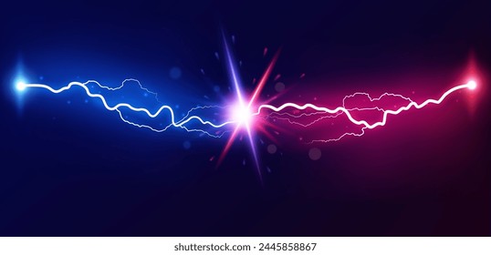 Lightning collision. Powerful colored lightnings, electric forces thunderbolt clash electrical energy sparkling blast, vector versus bright design confrontation concept