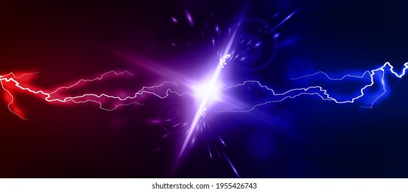 Lightning collision red and blue background, versus banner. Powerful colored lightnings and the flash from the collision. Confrontation concept, competition vs match game. Versus battle. Vector 