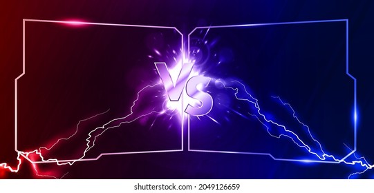 Lightning collision red and blue background with VS letters, concept Versus banner with frame and Powerful colored lightnings and the flash from the collision. Versus battle banner template. Vector