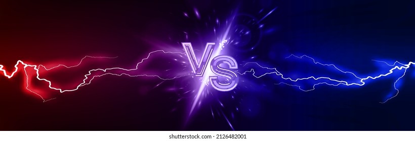 Lightning collision red and blue versus background with letters VS. Bright light flash with lightning from different directions. Versus banner, confrontation concept, vs battle, match game. Vector - Shutterstock ID 2126482001