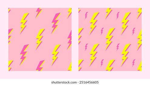 Lightning colorful seamless patterns set on a pink background. Flat style design.Vector illustration for web and print.