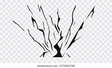 Lightning crack effect isolated on transparent background. Sharp black thunder bolt lines with explosive energy, abstract electric strike element for design use.